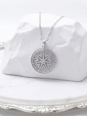 Silver Compass Star Pendant Necklace - Round CZ Medallion